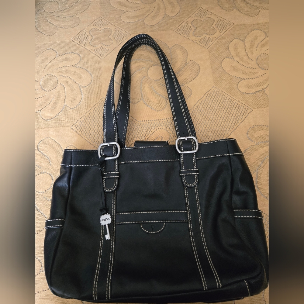 Fossil Black Tote Bag with Contrast Stitching